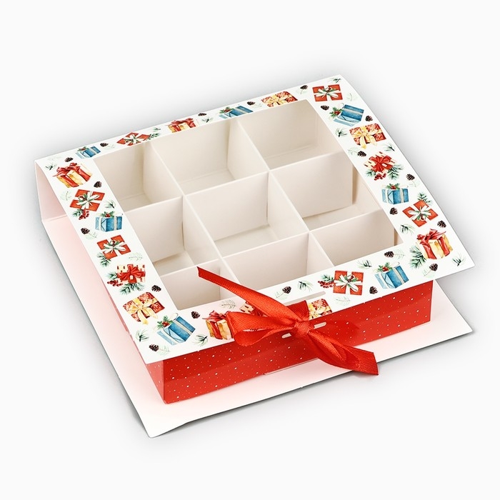 Коробка под 9 конфет с ячейками «Новогодние подарки» 14.8 х 13.5 х 3.5 см, Новый год Коробка под 9 конфет с ячейками «Новогодние подарки» 14.8 х 13.5 х 3.5 см, Новый год