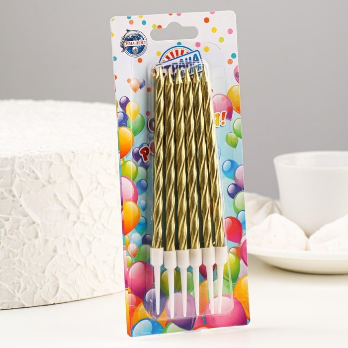 Свечи в торт  Свечи в торт "Металлик" , 14 см, 6шт с подставкой, золотистые