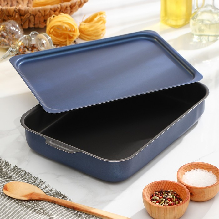 Противень прямоугольный, 23×30 см, h= 7 см, с крышкой, антипригарное покрытие, цвет синий Противень прямоугольный, 23×30 см, h= 7 см, с крышкой, антипригарное покрытие, цвет синий