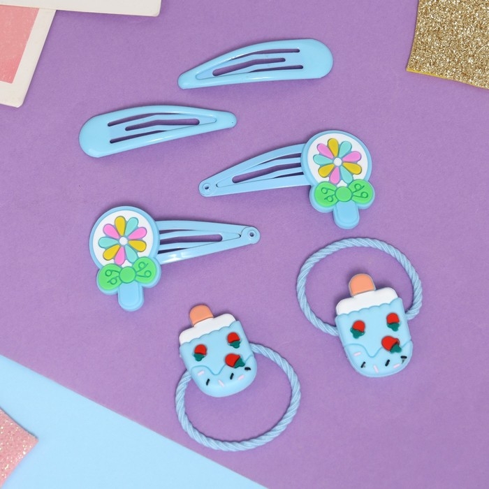 Набор для волос "Ширли" (2 резинки 5 см, 4 невидимки 5,5 см) мороженое, голубой