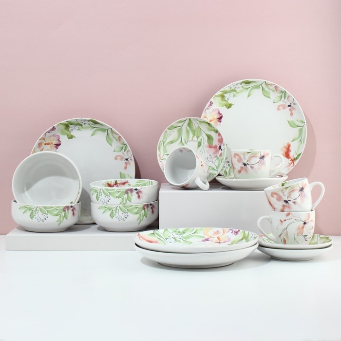 Набор посуды на 4 персоны «Акварель», 16 предметов: 4 тарелки 23 см, 4 миски 14.5 см, 4 кружки 250 мл, 4 блюдца 15 см. Набор посуды на 4 персоны «Акварель», 16 предметов: 4 тарелки 23 см, 4 миски 14.5 см, 4 кружки 250 мл, 4 блюдца 15 см.