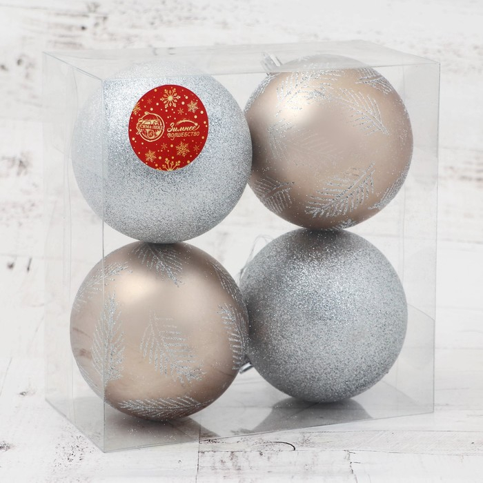 Набор шаров пластик d-10 см, 4 шт Набор шаров пластик d-10 см, 4 шт "Зимняя листва" серебро золото
