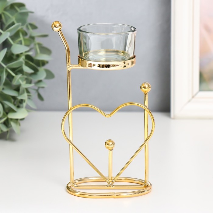 Подсвечник металл, стекло на 1 свечу Подсвечник металл, стекло на 1 свечу "Сердце. Шарики" d-4,5 см золото 9х4,5х17 см