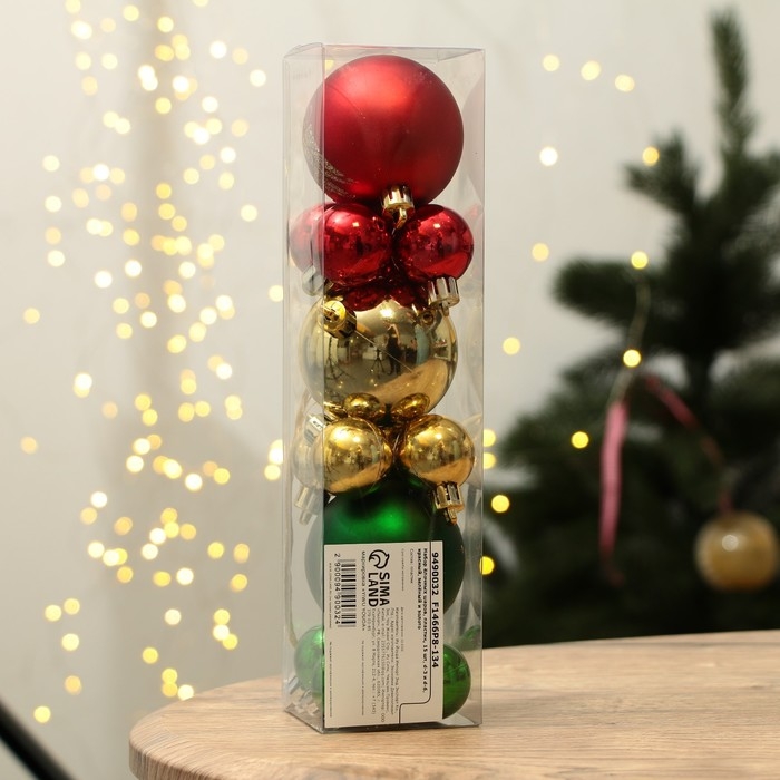 Шары ёлочные новогодние, на Новый год, d=3 и d=6, 15 шт., цвет красный, зелёный и золотой Шары ёлочные новогодние, на Новый год, d=3 и d=6, 15 шт., цвет красный, зелёный и золотой