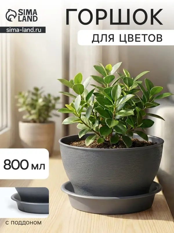Горшок для цветов &laquo;Фиалочка&raquo;, 800 мл, d=14 см, h=8 см, пластиковый, серый