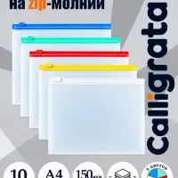 Набор папок-конвертов на ZIP-молнии А4, 150 мкм, 10 штук, прозрачные с цветной молнией, МИКС