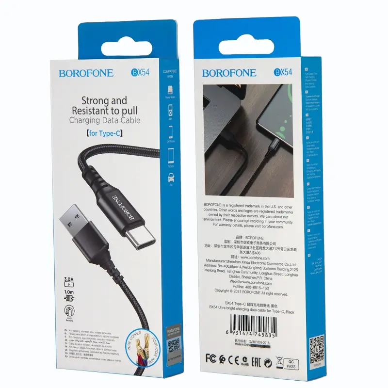 Кабель BX54 USB Type-C 1M 3A Borofone черный Кабель BX54 USB Type-C 1M 3A Borofone черный