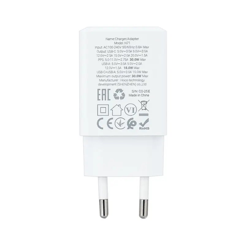 Сетевое зарядное устройство с кабелем Type-C на Type-C PD30W + USB QC3.0 N71 HOCO белое