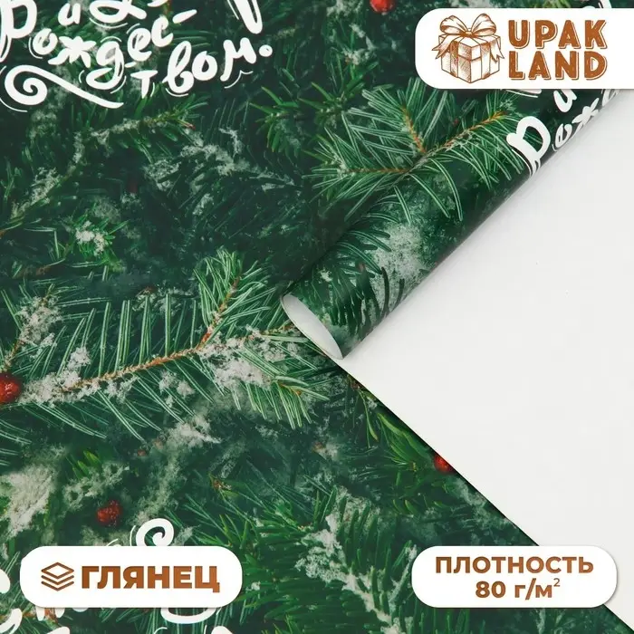 Бумага упаковочная новогодняя глянцевая «Еловые ветки», 50×70 см Бумага упаковочная новогодняя глянцевая «Еловые ветки», 50×70 см