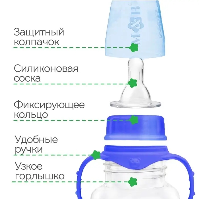 Бутылочка для кормления M&B &laquo;Малыш&raquo;, классическое горло, с ручками 250 мл, синий