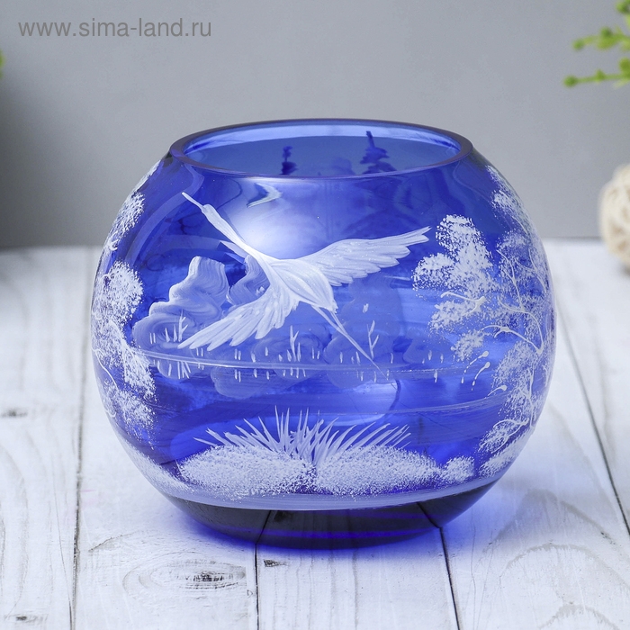 Ваза  Ваза "Шар" d-135, h-110 мм. 1,2л  из синего стекла (ручная роспись) рис. № 5 (Бел.)