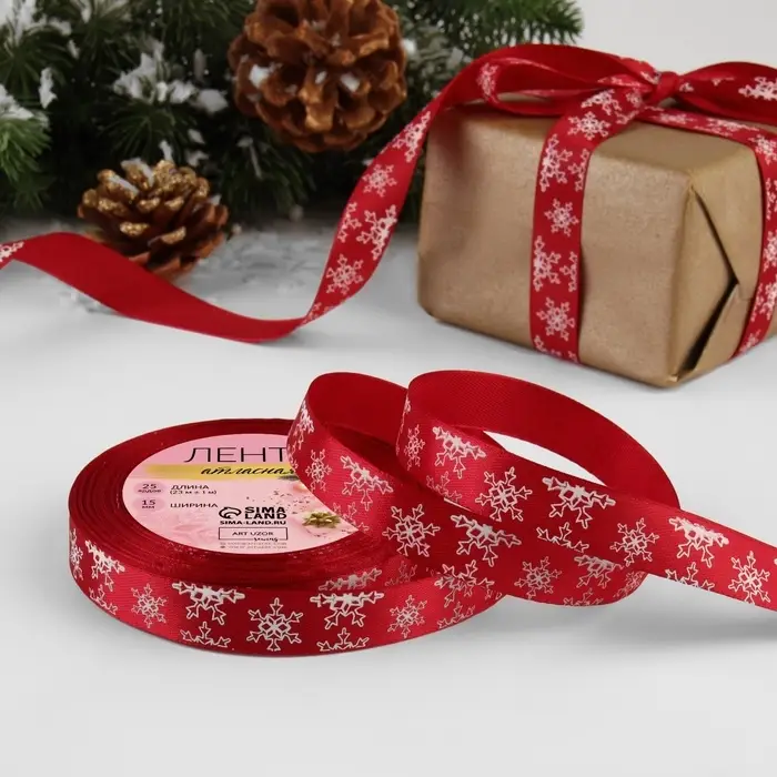 Лента атласная &laquo;Снежинки&raquo;, 15 мм, 23&plusmn;1 м, красная