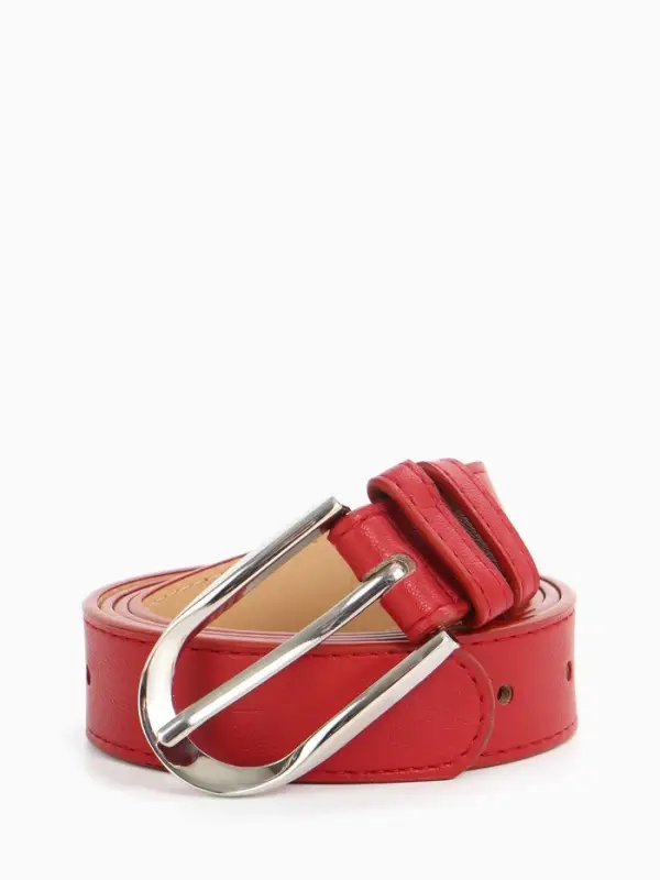 Ремень женский, 110&times;2.8 см, овальная пряжка металл, серебристая, красный
