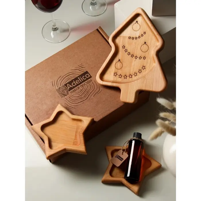 Подарочный набор деревянной посуды Adelica «Волшебство», менажницы: ёлка 24×18,5×1,8 см, звезда 15×15×1,8 см, масло 100 мл, магнит, в подарочной коробке Подарочный набор деревянной посуды Adelica «Волшебство», менажницы: ёлка 24×18,5×1,8 см, звезда 15×15×1,8 см, масло 100 мл, магнит, в подарочной коробке