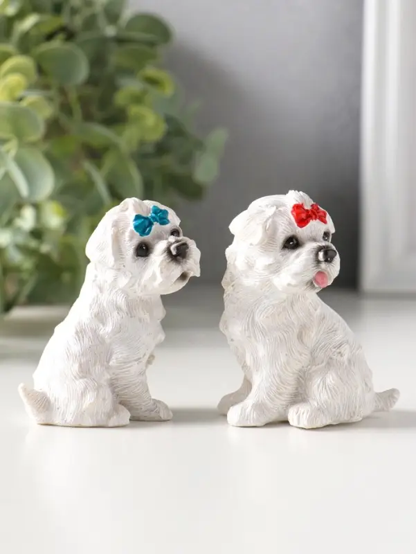 Сувенир полистоун "Белые терьеры с бантиками" набор 2 шт 3,7х5,2х6,2 см