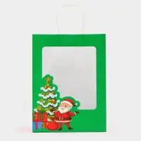 Пакет подарочный бумажный с окном &laquo;Дед Мороз&raquo; 30&times;22&times;14 см, крафт зеленый