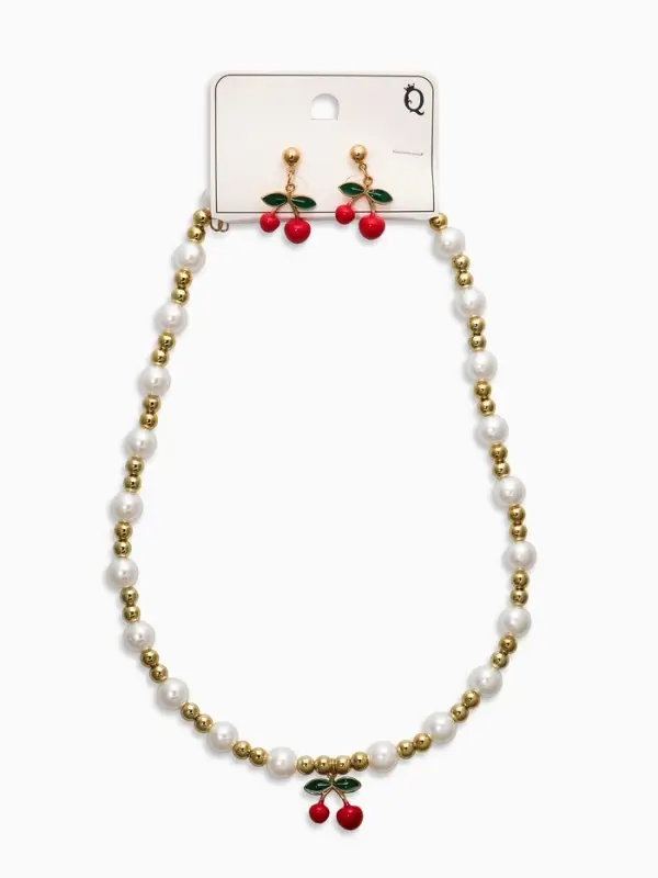 Набор 2 пред-а: серьги. кулон Набор 2 пред-а: серьги. кулон "Вишня" жемчуг, цветной в золоте