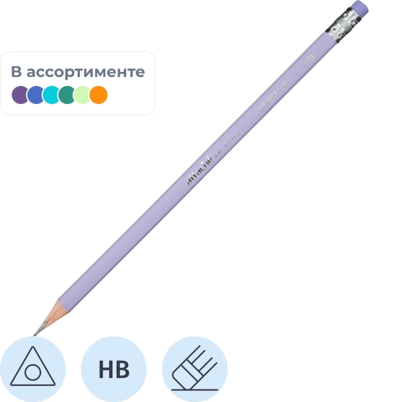 Карандаш чернографитный Borealis HB трехг, с ласт,в асс
