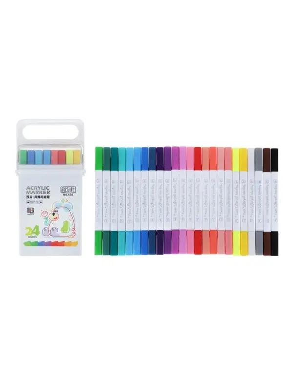 Набор маркеров профессиональных двусторонних 24 цветов, в пенале, c ручкой, микс