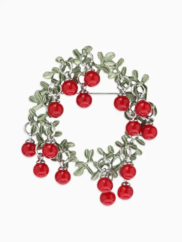 Брошь &laquo;Венок&raquo;, брусничный, красно-зелёная в серебре