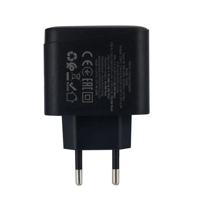 Переходник сетевого зарядного устройства на Type-C PD65W + USB QC3.0  CS63A HOCO черный