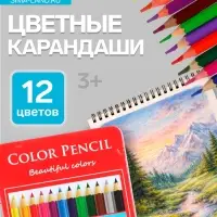 Карандаши цветные акварельные 12 цветов, корпус деревянный, шестигранные, в металлической коробке