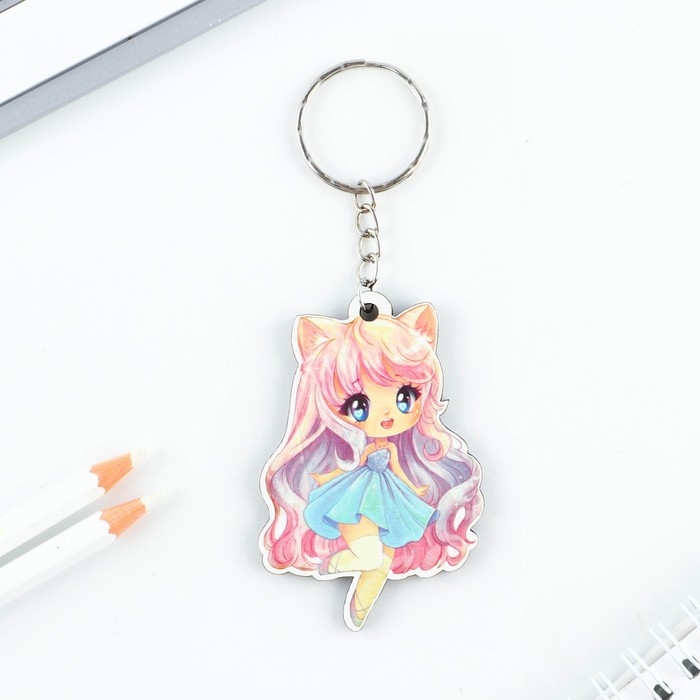 Брелок для ключей деревянный аниме  Брелок для ключей деревянный аниме "Девочка-котенок" 4 х 6 см