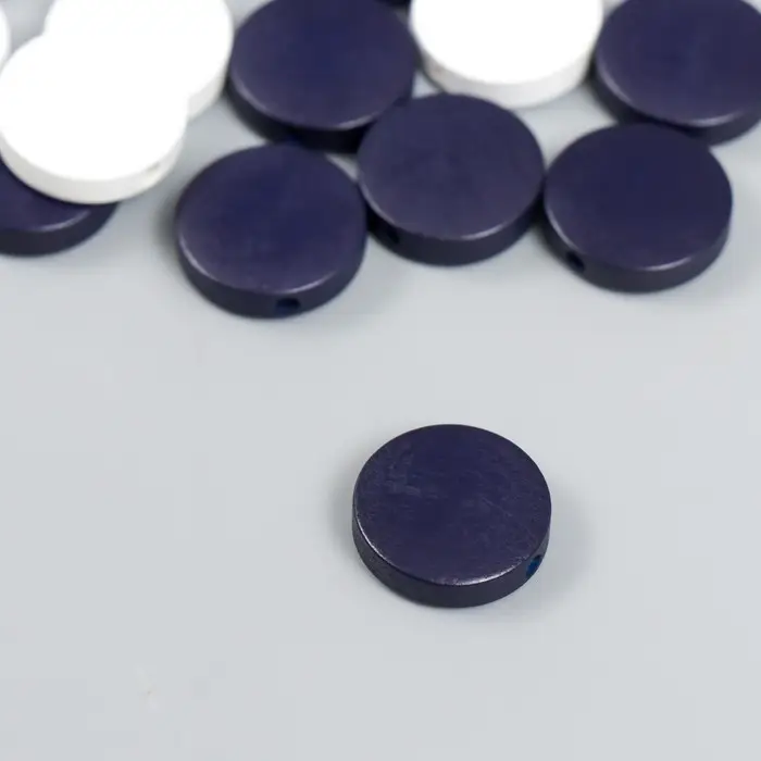 Бусины для творчества дерево "Плоский круг" набор 20 шт белый, тёмно-синий 0,4х1,5х1,5 см