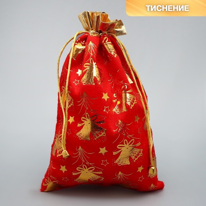 Мешочек подарочный плюш «Новогодний звон», колокольчики, тиснение, 20 х 30 см +/- 1.5 см, Новый год Мешочек подарочный плюш «Новогодний звон», колокольчики, тиснение, 20 х 30 см +/- 1.5 см, Новый год