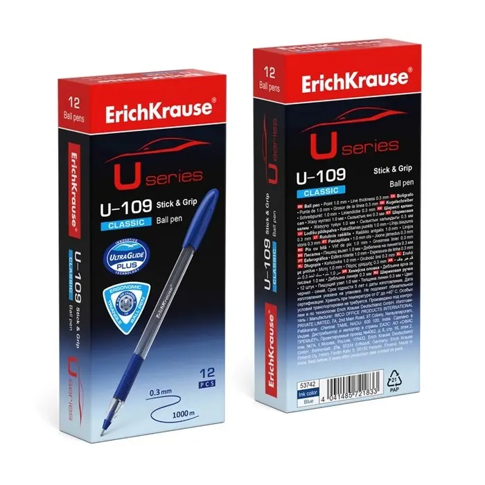 Ручка шариковая ErichKrause U-109 Classic Stick&Grip, узел 1.0 мм, чернила синие, резиновый держатель, длина линии письма 1000 метров Ручка шариковая ErichKrause U-109 Classic Stick&Grip, узел 1.0 мм, чернила синие, резиновый держатель, длина линии письма 1000 метров