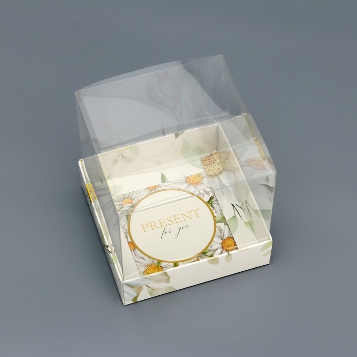 Коробка сборная с PVC крышкой,  Коробка сборная с PVC крышкой, "Ромашки", 10 х 10 х 10 см. Кондитерская упаковка