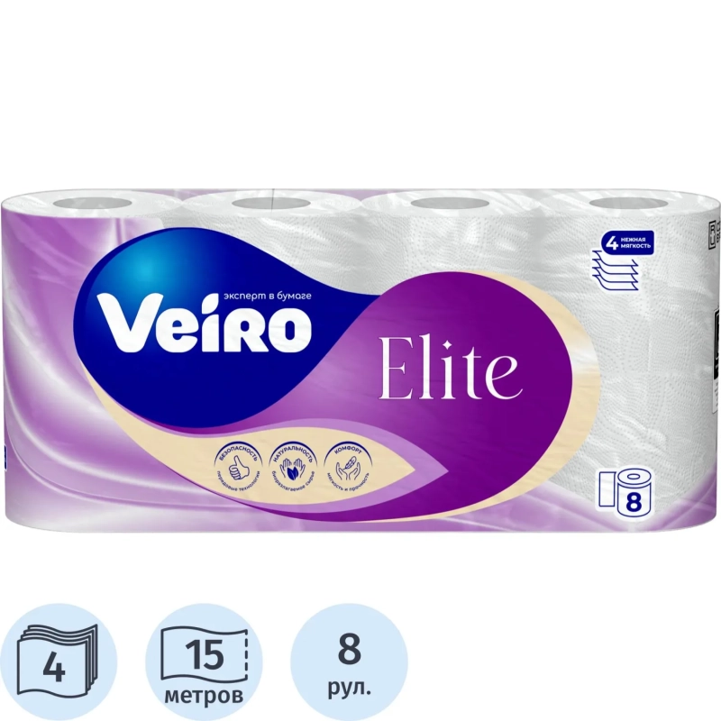 Бумага туалетная Veiro Elite Ц 4сл 120л 15м 8рул/уп МСК