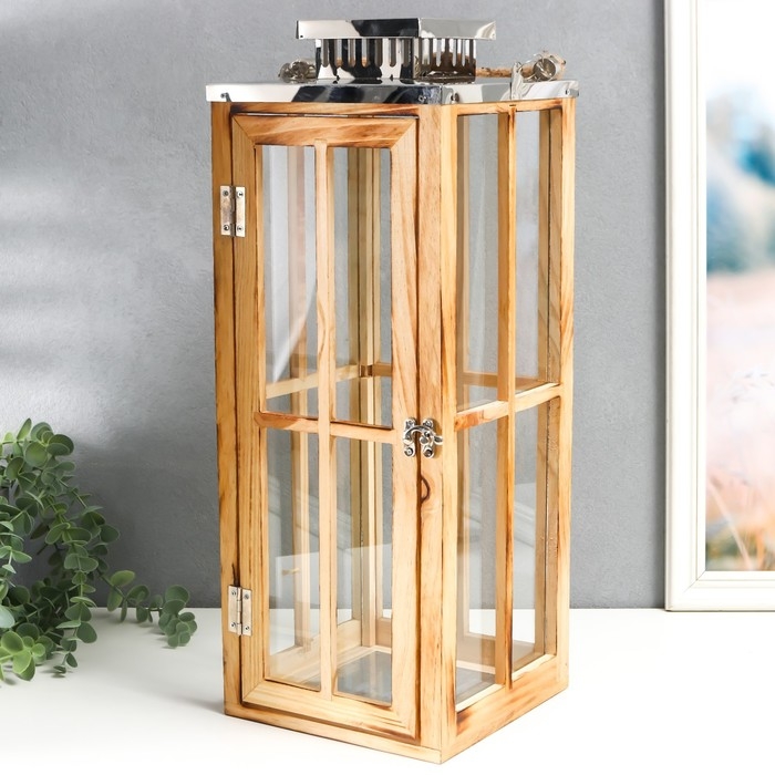 Подсвечник дерево Подсвечник дерево "Фонарь - большие окна" коричневый набор 2 шт 30х13х13; 49х18,5х18,5 см