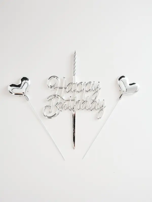 Топпер для торта Happy Birthday, серебряный с сердечками и свечкой