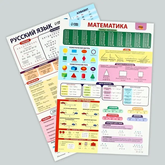 Набор обучающих плакатов &laquo;Русский язык и математика 1-4 класс&raquo; 2 в 1, А3