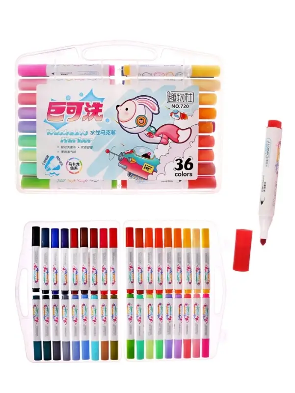 Фломастеры 36 цветов в пластиковом пенала, смываемые водой