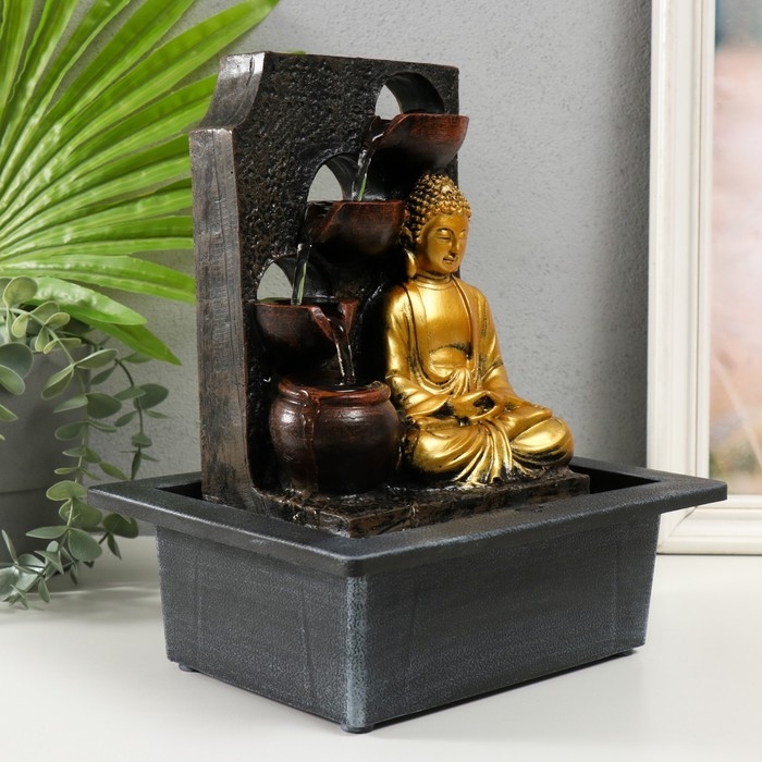 Фонтан настольный от сети, подсветка Фонтан настольный от сети, подсветка "Будда в золотом у стены с водопадом" 23х17.5х28 см