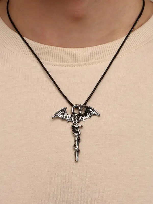 Кулон унисекс &laquo;Легенды&raquo;, дракон с мечом, цвет чернёное серебро на чёрном шнурке, 60 см