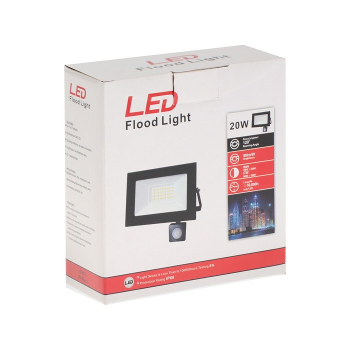 Прожектор светодиодный, 20 Вт, 1800 Лм, 6500К, Датчик движения, IP66 Прожектор светодиодный, 20 Вт, 1800 Лм, 6500К, Датчик движения, IP66