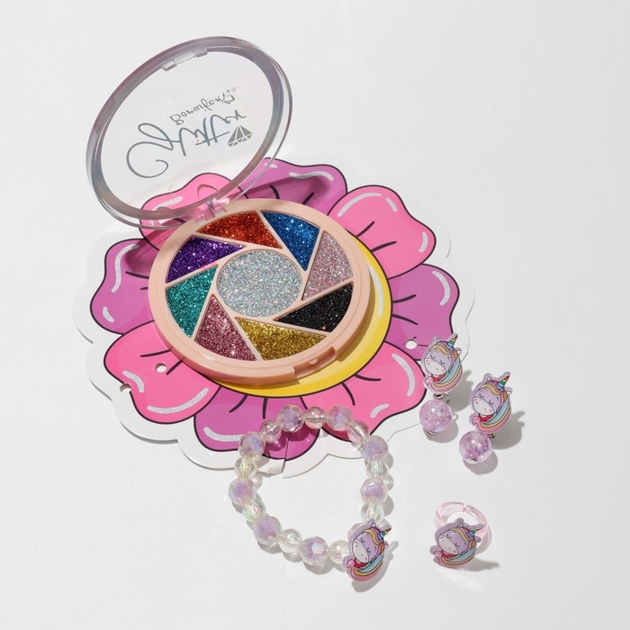 Набор детский 4 предмета: клипсы, кольцо, браслет, глиттер «Единорожек», цветной Набор детский 4 предмета: клипсы, кольцо, браслет, глиттер «Единорожек», цветной