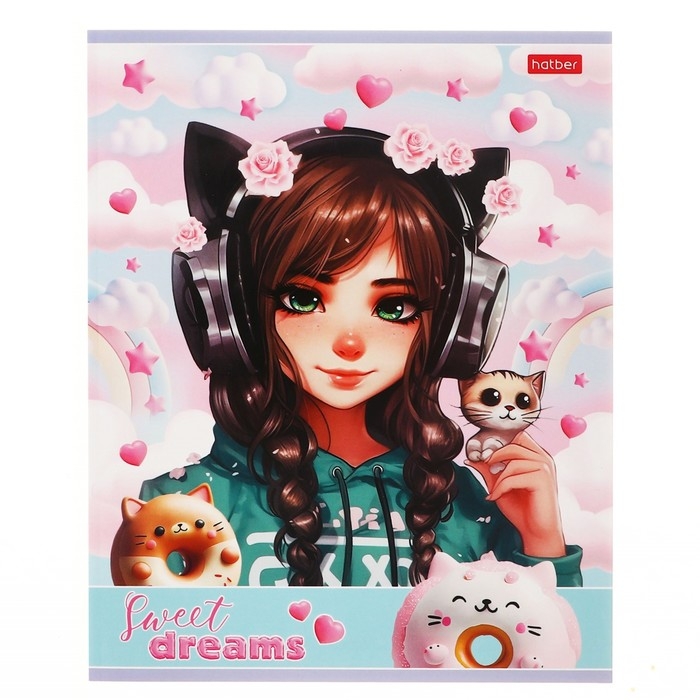 Тетрадь 40 листов в клетку Тетрадь 40 листов в клетку "Девочка-кошка", обложка мелованный картон, блок офсет 65г/м2, МИКС