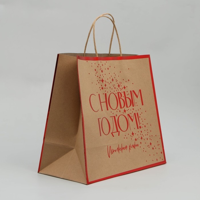 Пакет подарочный новогодний крафтовый &laquo;С Новым счастьем&raquo;, 32 х 28 х 15 см, Новый год