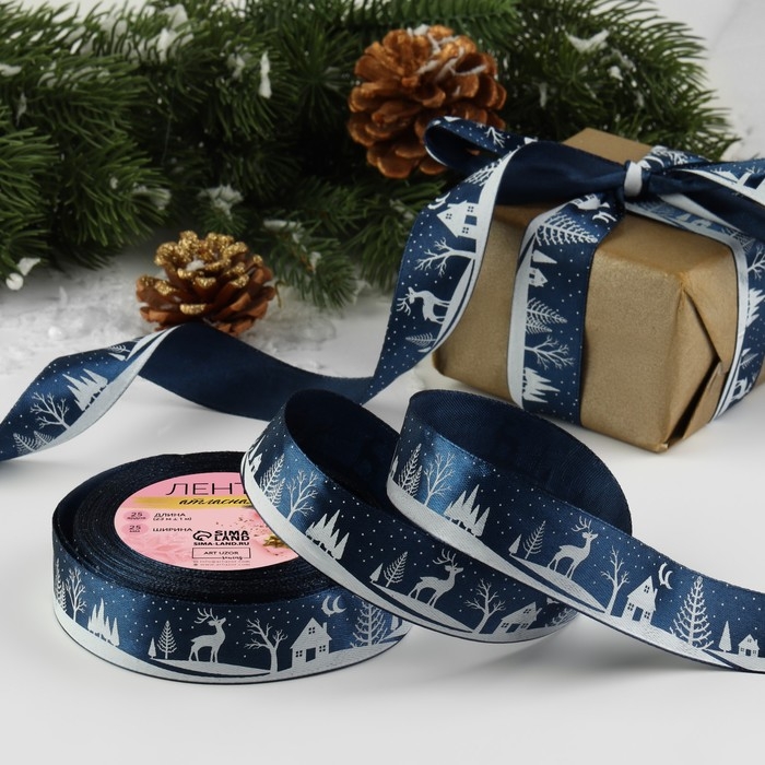 Новый год! Лента атласная «Ночная сказка», 25 мм, 23 ± 1 м, цвет тёмно-синий №120 Новый год! Лента атласная «Ночная сказка», 25 мм, 23 ± 1 м, цвет тёмно-синий №120