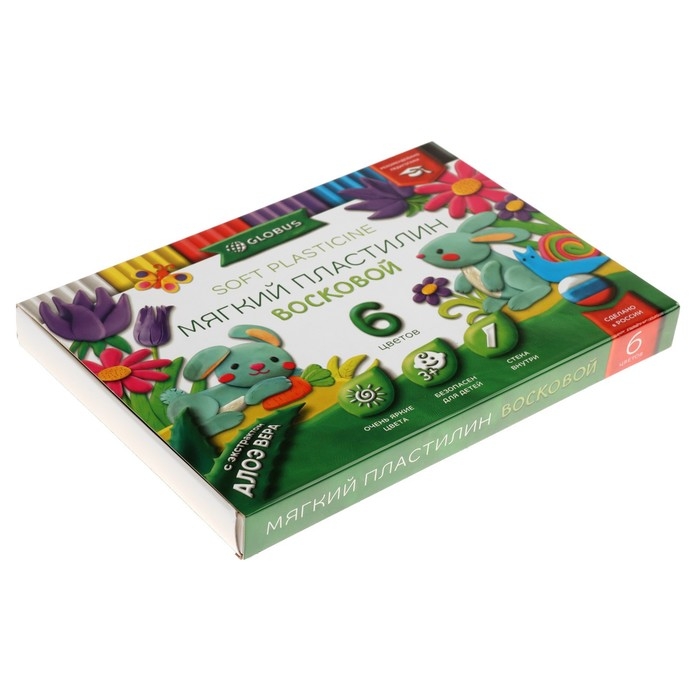 Пластилин мягкий (восковой), 6 цветов, 90 г, GLOBUS, с Алоэ Вера, со стеком Пластилин мягкий (восковой), 6 цветов, 90 г, GLOBUS, с Алоэ Вера, со стеком