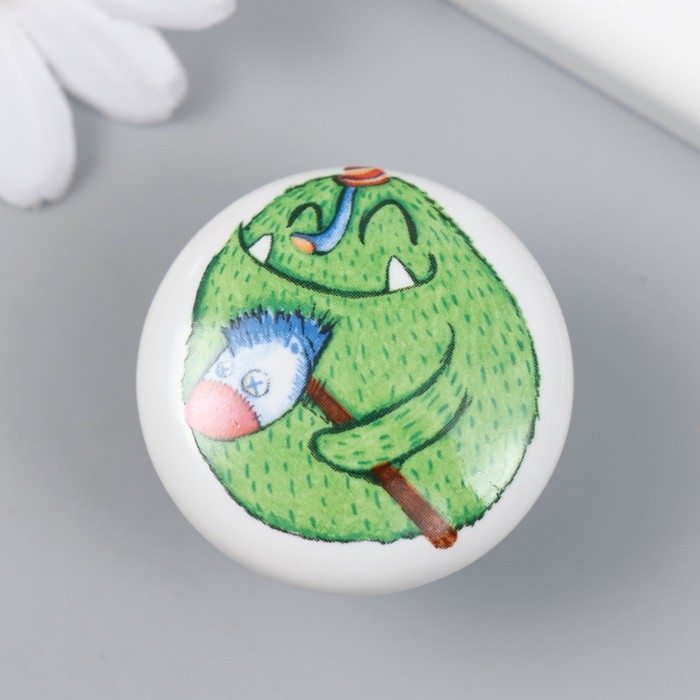 Ручка для шкатулки керамика, металл Ручка для шкатулки керамика, металл "Зеленый монстрик с лошадкой" 3,8х3,8х2,8 см