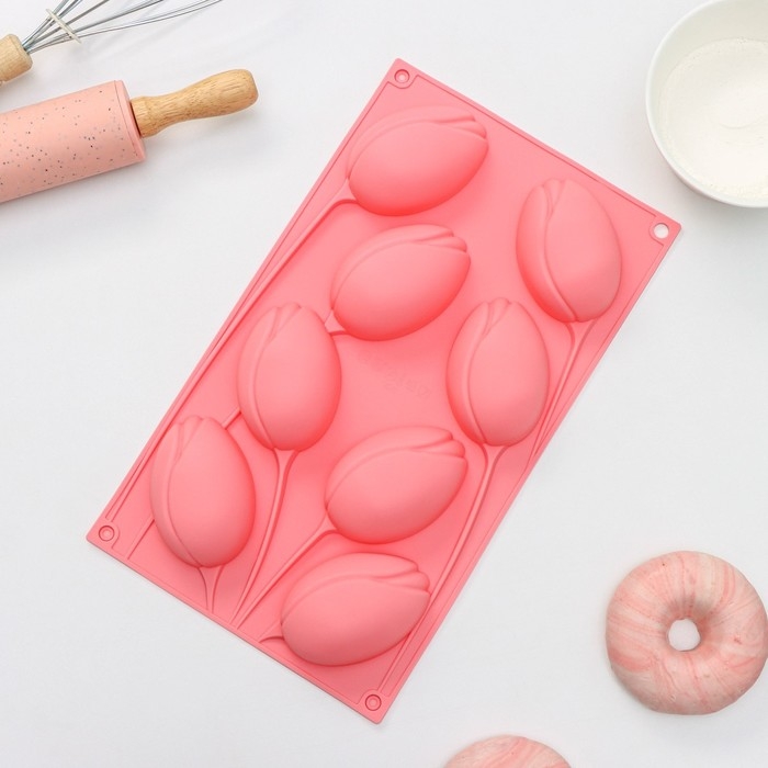 Форма для выпечки Доляна «Тюльпаны», силикон, 8 ячеек, 30×17,5×3 см, цвет розовый Форма для выпечки Доляна «Тюльпаны», силикон, 8 ячеек, 30×17,5×3 см, цвет розовый