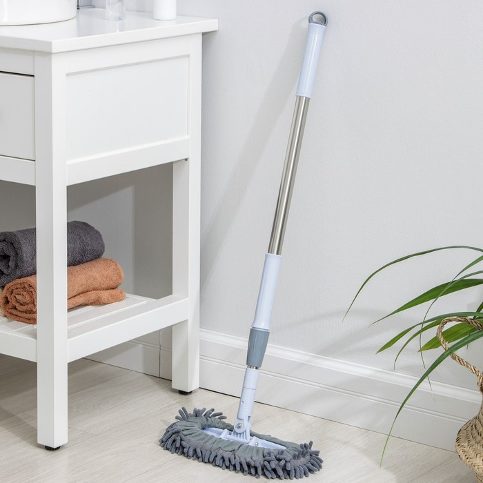 Швабра для мытья пола плоская гибкая Доляна, насадка из микрофибры букли 29×13 см, телескопическая стальная ручка 82(125) см, цвет серый Швабра для мытья пола плоская гибкая Доляна, насадка из микрофибры букли 29×13 см, телескопическая стальная ручка 82(125) см, цвет серый