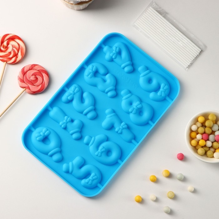 Форма для леденцов Доляна «Цифры-мальчики», силикон, 22×14×1 см, 10 ячеек (5,5×3,5 см), с палочками, цвет синий Форма для леденцов Доляна «Цифры-мальчики», силикон, 22×14×1 см, 10 ячеек (5,5×3,5 см), с палочками, цвет синий