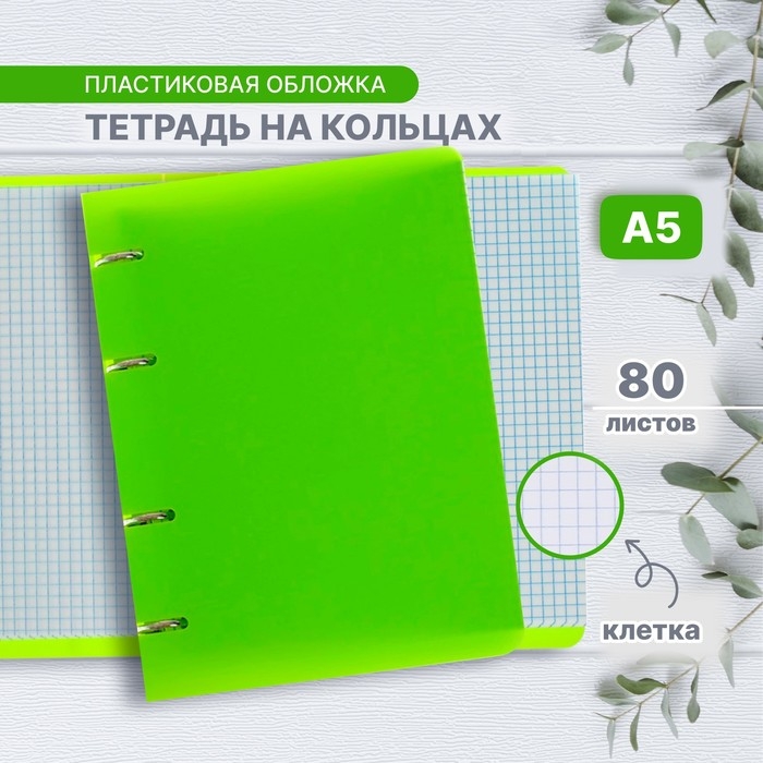 Тетрадь на кольцах A5 80 листов в клетку Calligrata Салатовая, пластиковая обложка, блок офсет Тетрадь на кольцах A5 80 листов в клетку Calligrata Салатовая, пластиковая обложка, блок офсет