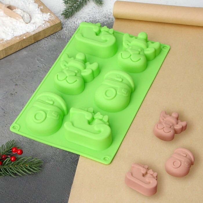 Форма для выпечки новогодняя Доляна «Новый год», силикон, 27×17×3 см, 6 ячеек (8×7×3 см), цвет зелёный Форма для выпечки новогодняя Доляна «Новый год», силикон, 27×17×3 см, 6 ячеек (8×7×3 см), цвет зелёный